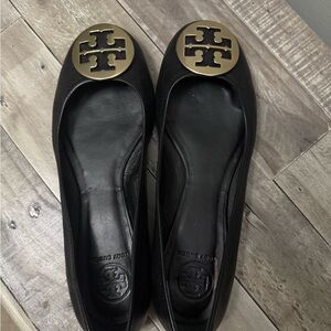 Tory Burch Black Flats with Gold Emblem